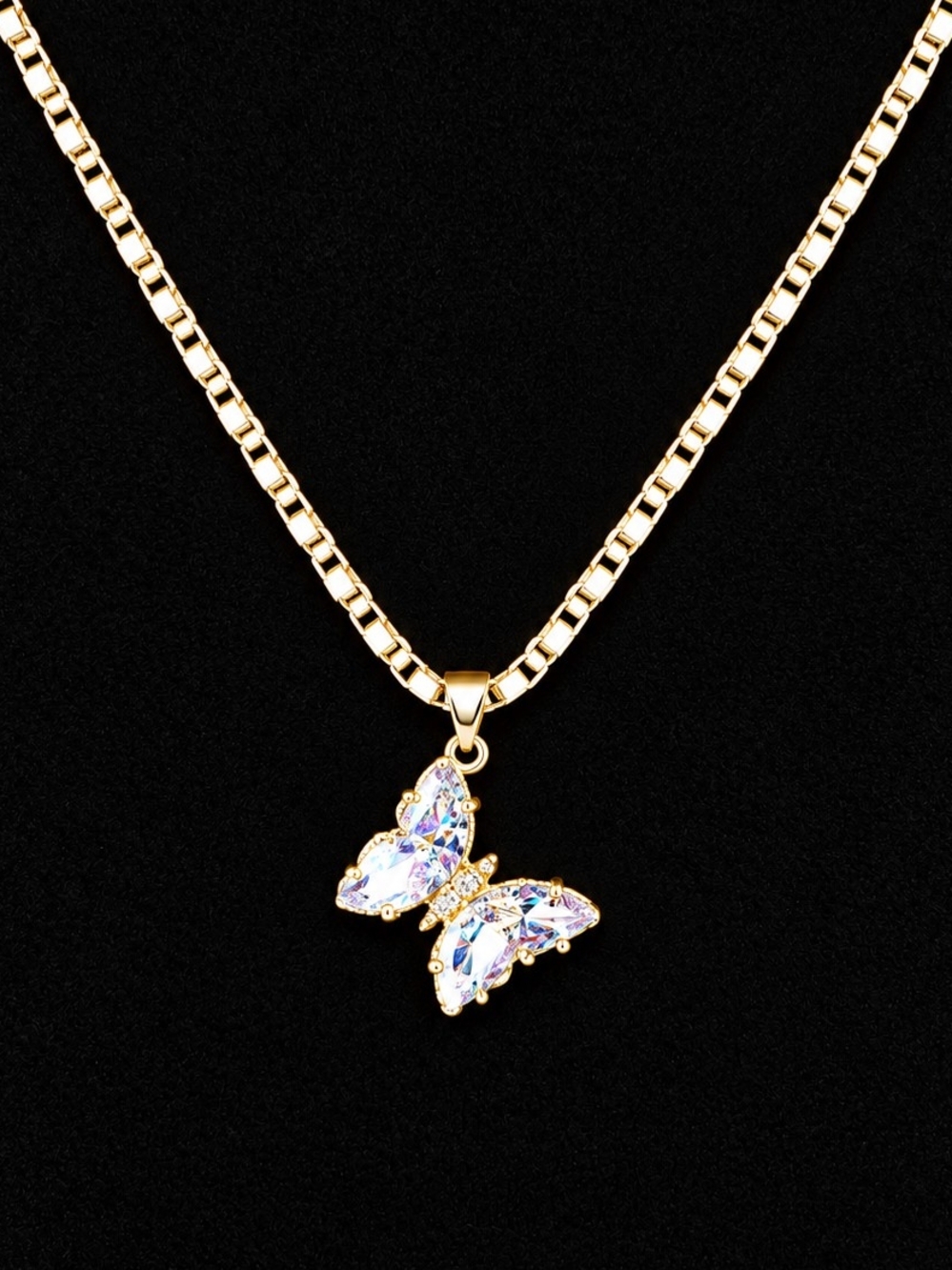 Gold Butterfly Pendant Necklace with Iridescent Crystal Wings